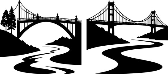 Set of Two Black and White Bridge and River Silhouettes