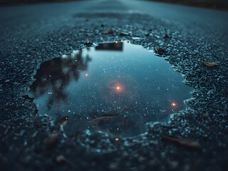 Reflection in Water: A mesmerizing puddle, mirroring the night sky with stars and a soft, illuminated glow. captured a moment of quiet contemplation and otherworldly beauty.