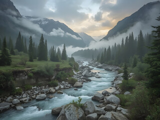 Serene Mountain River Landscape: A breathtaking panorama of a clear river carving its path through a majestic mountain range, enveloped by misty clouds and verdant trees.