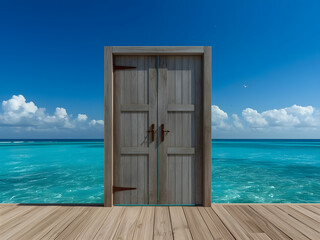 Door to Serenity: A weathered wooden door opens onto an idyllic scene of a cerulean sea and endless sky. Inviting viewers to step into a world of peace and escape. 