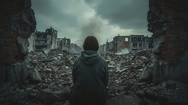 A lone figure in a green hooded jacket sits among rubble in a destroyed city. Framed by crumbling walls, the scene features smoke, debris, and an overcast sky in muted tones.

 - Powered by Adobe