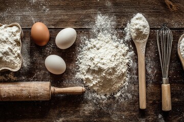 A flat lay of cozy baking ingredients and tools on a rustic wood background
