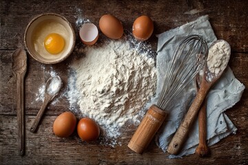 A flat lay of cozy baking ingredients and tools on a rustic wood background
