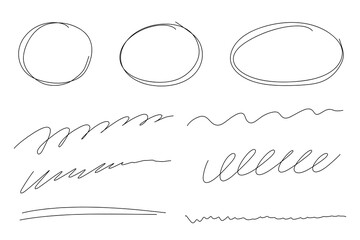 Highlight handdrawn oval sketch frames line set. Hand drawn scribble circle underscore set. Doodle ovals and ellipses line template. Vector illustration oval isolated on white background.