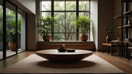 Fototapeta premium Tranquil modern living room with garden view