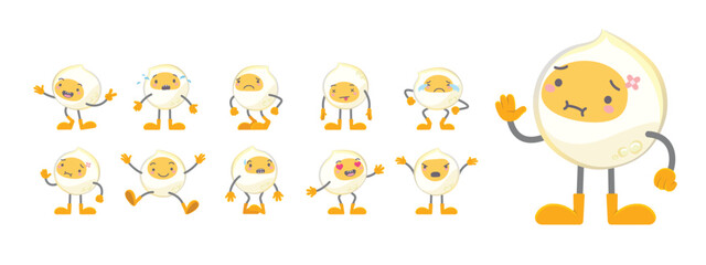A cute egg cartoon mascot character in a variety of emotional expressions. Flat vector design perfect for UI elements, educational materials, emoji sets, web design, and character animation.