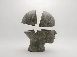 Mind's Puzzle: An artistic representation of the human mind unfolds as a stone sculpture, its segments revealing intricate inner workings, symbolizing intelligence, creativity.