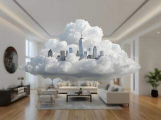 Dreamscape City: A surreal image of a city within a cloud floats serenely inside a well-lit contemporary living room. This thought-provoking juxtaposition evokes a sense of wonder and possibility.