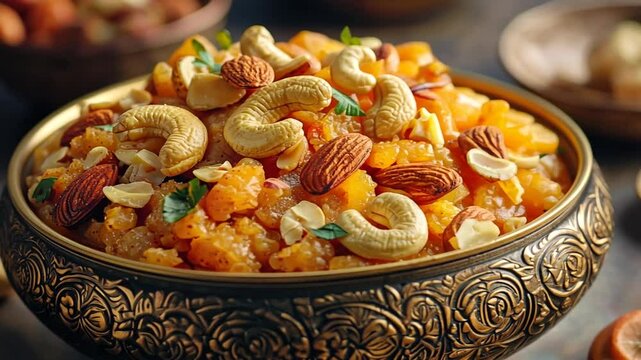 traditional indian wheat halwa with nuts video close up