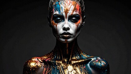 Faceless Beauty Portrait Featuring Layered Makeup in Teal, Coral, Violet, and Gold on Grey Backdrop