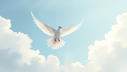 Obraz premium Dove Flying Freely Against a Blue Sky with Soft White Clouds