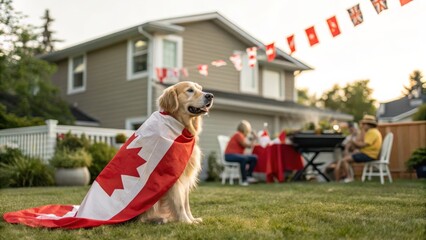 Golden Retriever dog wearing a Canadian flag in a backyard. Summer barbecue with blurred people celebrating Canada Day