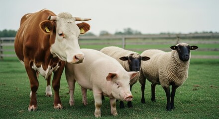 Obraz premium Farm Animals Standing Together on Green Field Grazing