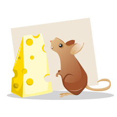 a mouse with a large cheese in front of him, the mouse's breakfast