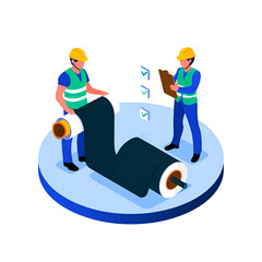 Construction Workers Inspecting Material Roll with Checklist  Quality Control Isometric Illustration, Engineers inspecting stacked HDPE geomembrane rolls at construction site to ensure proper material
