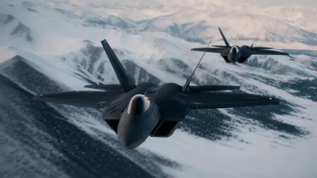 Formation of Stealth Fighter Jets Flying Over a Snowy Arctic Landscape