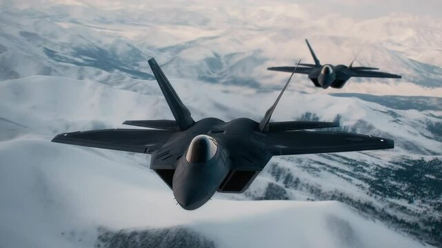 Formation of Stealth Fighter Jets Flying Over a Snowy Arctic Landscape