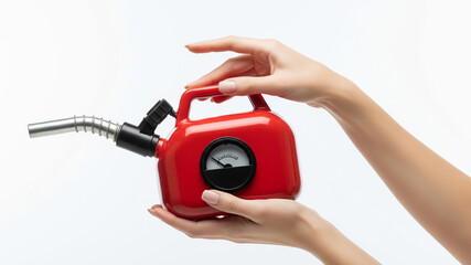 Female hands holding a gasoline canister on a white background