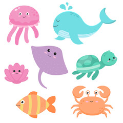 set of cartoon ocean animals