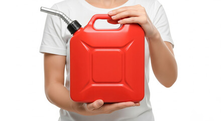 Fototapeta premium Female hands holding a gasoline canister on a white background