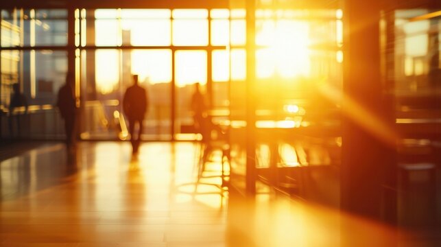 Abstract office corridor bathed in golden sunlight with soft silhouettes of people in the background. Ideal for business concepts, architecture visuals, and inspirational corporate themes