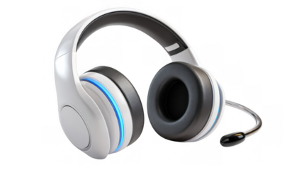 Modern wireless gaming headset with blue illuminating lights and microphone on a transparent background, perfect for gamers and streamers seeking high quality audio and communication