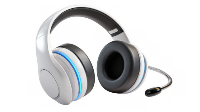 Modern wireless gaming headset with blue illuminating lights and microphone on a transparent background, perfect for gamers and streamers seeking high quality audio and communication