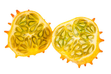 Halved Kiwano fruit, also called African Horned melon or Horned Cucumber, isolated on white background