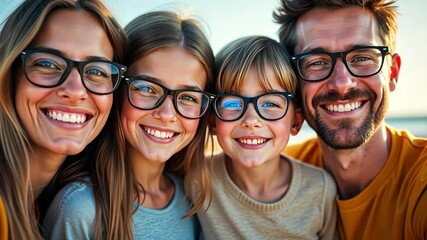 Happy caucasian family of four wearing eyeglasses. Selective focus. Smiling mother, father, son and daughter wearing eyeglasses in various frames. Optics store, family clinic, eyewear promotion