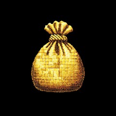 Pixel art golden money bag with drawstring on black background symbolizing wealth, treasure, or reward