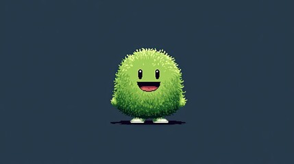 Cute green fuzzy pixel art creature with happy face on dark background in cartoon monster style