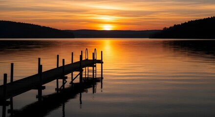 Obraz premium Sunset at wooden pier on tranquil lake