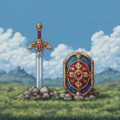 Pixel art fantasy sword and ornate shield resting on grass field with cloudy sky and mountain background