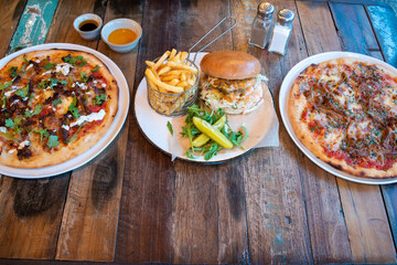 Pizzas and burger
