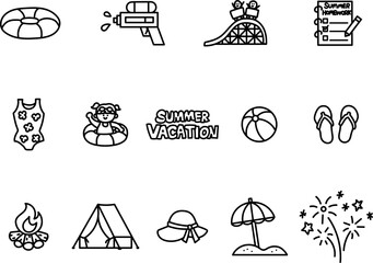 Minimal summer vacation icon set in black line art. Features playful camping and water activity items designed for children's seasonal themes.