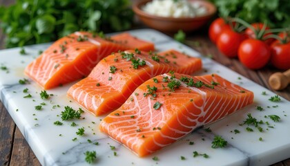 Fresh salmon fillets garnished with herbs on marble board