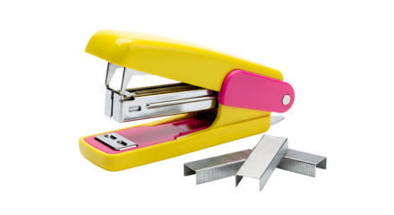 Yellow and pink stapler with silver staples office supply desk organization tool