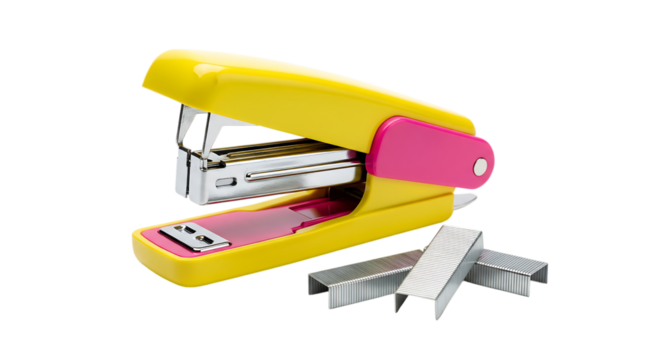 Yellow and pink stapler with silver staples office supply desk organization tool