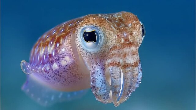 Adorable bobtail squid hovers gracefully in the blue ocean waters, showcasing its color changing ability