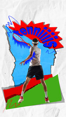 Back view of tennis player prepares for swing under comic-style text on blue and green textured...