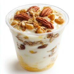 Yogurt cup with granola isolated on clean white background