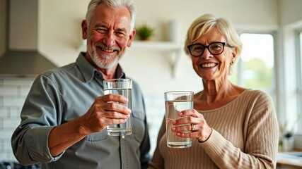 Mature man and woman drinking fresh pure water from glasses in kitchen Happy elderly couple holding glasses with water. Eating habits, water filter advertisement, healthy nutrition, water balance