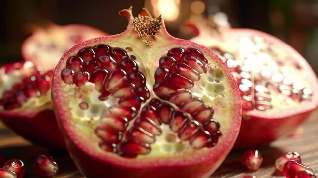 Halved pomegranates with glistening arils on wood, close-up with orbit and zoom motion