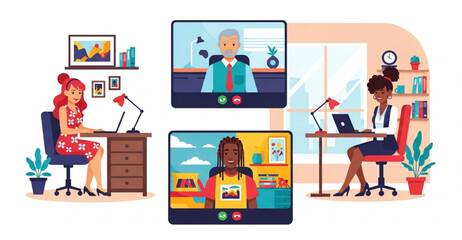 Virtual Meeting with Diverse People Working from Home | Online Conference Call Illustration for Remote Work, Education, and Collaboration