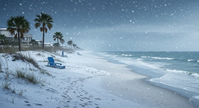 Snowy beach scene with palm trees.