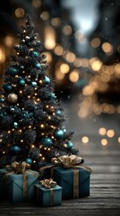 Decorative Christmas tree with presents in a festive, illuminated street during the holiday season