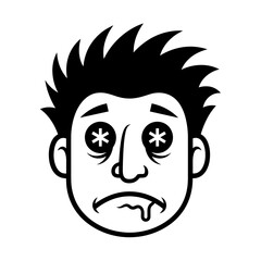 Black And White Cartoon Illustration Of A Sick Man With Spiky Hair And Closed Eyes