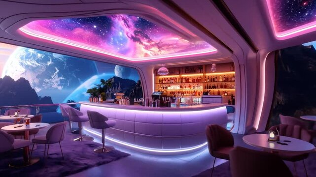 Futuristic Space Bar With Pink Lighting And Planets