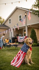 Golden Retriever dog wearing an American flag cape in backyard. Suburban house with people grilling for Independence Day