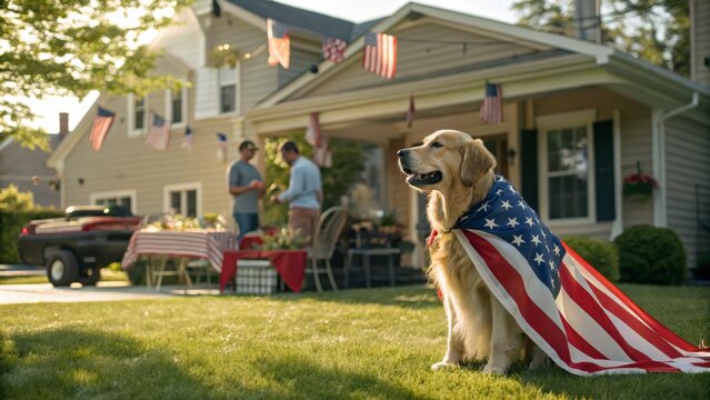 Golden Retriever dog in an American flag cape in backyard. Suburban house with people grilling for Independence Day